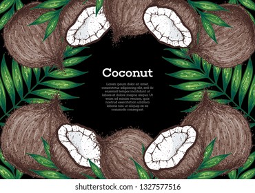 Coconut hand drawn vector illustration. Vintage design. Hand drawn illustration. Coconut and palm leaves. Healthy food 