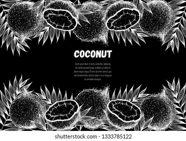 Coconut hand drawn vector illustration. Vintage sketch design. Hand drawn illustration. Coconut and palm leaves. Healthy food