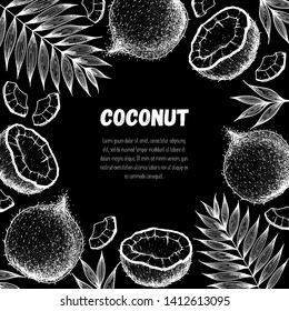 Coconut hand drawn vector illustration. Vintage design. Hand drawn illustration. Coconut and palm leaves. Healthy food. Can used for packaging design. 