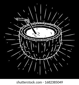 Coconut. Hand drawn vector illustration with coconut and sunburst. Used for poster, banner, web, t-shirt print, bag print, badges, flyer, logo design and more. 