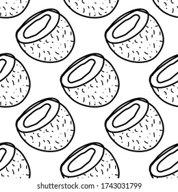 Coconut hand drawn vector seamless pattern. Outline monochrome texture made in doodle style.Fruit 
background for package, merch, wallpaper, menu and other design.