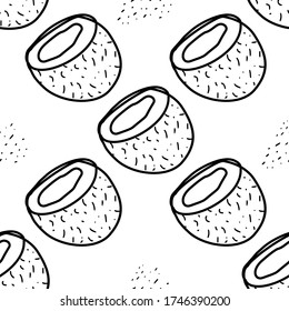 Coconut hand drawn vector seamless pattern. Outline monochrome texture made in doodle style.Fruit 
background for package, merch, wallpaper, menu and other design.