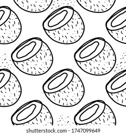 Coconut hand drawn vector seamless pattern. Outline monochrome texture made in doodle style.Fruit 
background for package, merch, wallpaper, menu and other design.