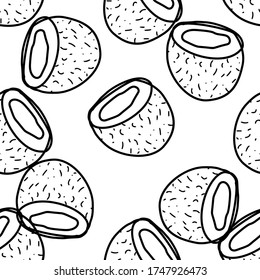 Coconut hand drawn vector seamless pattern. Outline monochrome texture made in doodle style.Fruit 
background for package, merch, wallpaper, menu and other design.