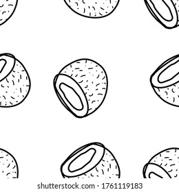 Coconut hand drawn vector seamless pattern. Outline monochrome texture made in doodle style.Fruit 
background for package, merch, wallpaper, menu and other design.