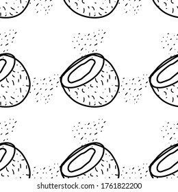 Coconut hand drawn vector seamless pattern. Outline monochrome texture made in doodle style.Fruit 
background for package, merch, wallpaper, menu and other design.