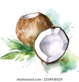 Coconut hand drawn watercolor on a white background