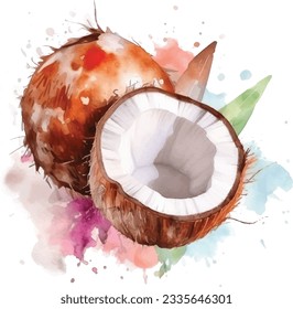 Coconut hand drawn watercolor on a white background
