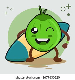 Coconut hold a surfing device character cartoon vector illustration. Suitable for web landing page, banner, sticker