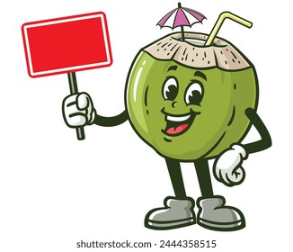 Coconut holding a blank sign board cartoon mascot illustration character vector clip art hand drawn