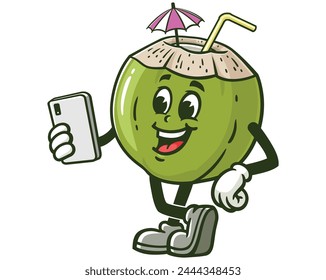 Coconut holding a gadget cartoon mascot illustration character vector clip art hand drawn