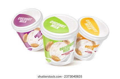 Coconut ice cream cup with milk splashing and packaging isolated on white background. Realistic vector in 3D illustration.