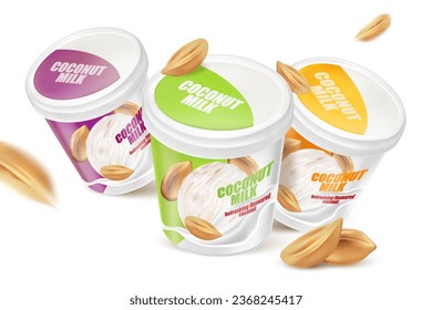 Coconut ice cream packaging mock up with peanut and milk splashing isolated on white background. Realistic vector in 3D illustration. Food and drink concepts.