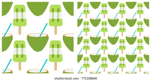 Coconut and ice cream seamless pattern on transparent background