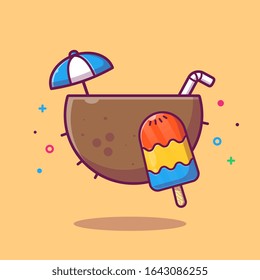 Coconut And Ice Cream Vector Icon Illustration. Summer Food And Drink. Holiday Icon Concept White Isolated. Flat Cartoon Style Suitable for Web Landing Page, Banner, Flyer, Sticker, Card