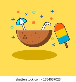 Coconut and Ice cream Vector Icon Illustration. Summer Holiday Icon Concept. Flat Cartoon Style Suitable for Web Landing Page, Banner, Sticker, Background