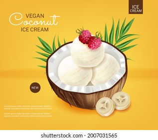Coconut ice cream vector realistic. Product placement. Healthy delicious dessert