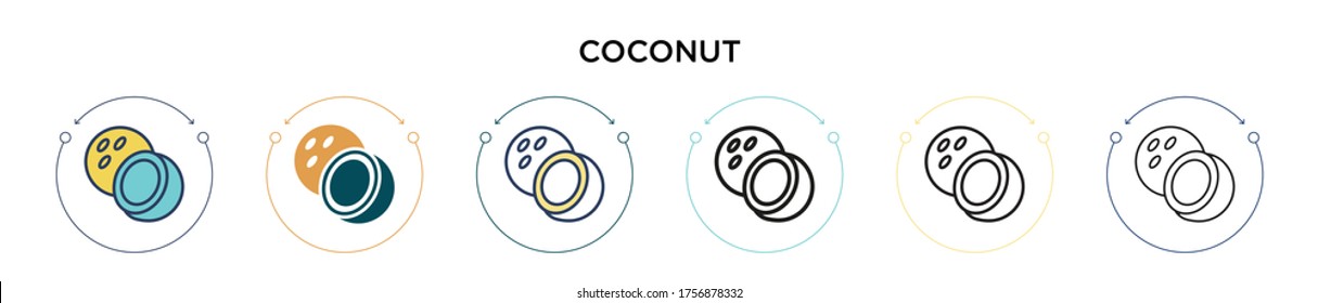 Coconut icon in filled, thin line, outline and stroke style. Vector illustration of two colored and black coconut vector icons designs can be used for mobile, ui, web