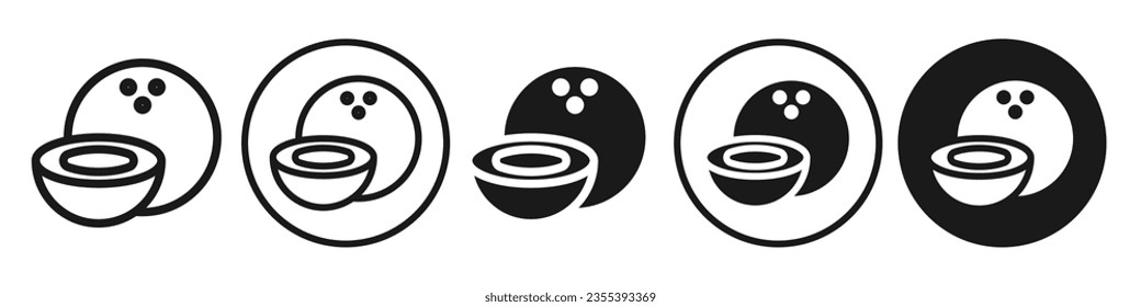 Coconut Icon. Natural green or brown coco fruit drink symbol. Summer exotic coconut slice with water and oil vector. Flat logo set of vegan organic nut shape illustration 