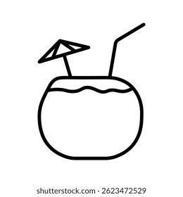 coconut icon, ripe coconut with straw and umbrella, suitable for drinking on the beach, summer, on white background