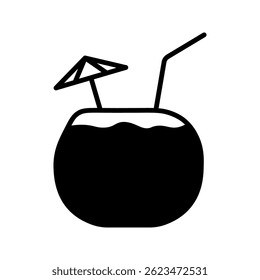 coconut icon, ripe coconut with straw and umbrella, suitable for drinking on the beach, summer, on white background