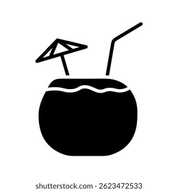 coconut icon, ripe coconut with straw and umbrella, suitable for drinking on the beach, summer, on white background