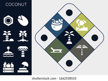 coconut icon set. 13 filled coconut icons.  Simple modern icons such as: Island, Fruit, Palm tree, Coconut tree, Nut, Pistachio, Vacation, drink, Beach