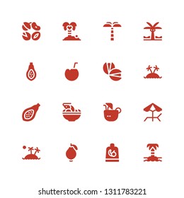 coconut icon set. Collection of 16 filled coconut icons included Island, Fruit, Guava, Beach, Coconut drink, Tom yum, Papaya, Pistachio, Palm tree, tree, Nuts