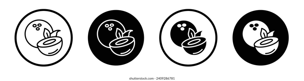 Coconut icon set. coconut water and oil vector symbol in a black filled and outlined style. Half cut coconut with natural milk sign.