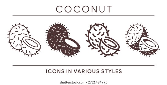 Icono de coco que se muestra en diferentes estilos gráficos, incluyendo línea delgada, línea en negrita, contorno, monocromo y diseño plano. Se utiliza para alimentos, cosméticos, cuidado de la piel, productos de higiene y etiquetado de envases.