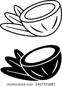 Coconut icons. Black and White Vector Icons of Coconut with Leaves. Summer and Vacation Concept 