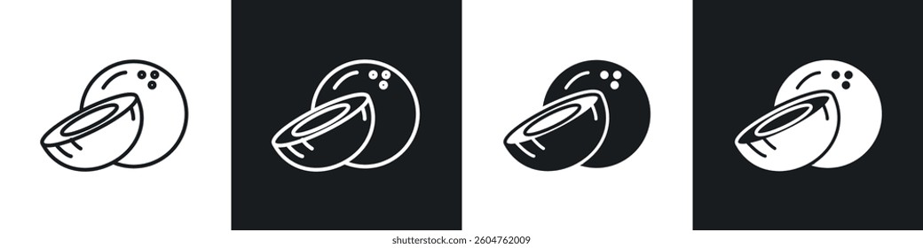 Coconut icons in flat and linear vector illustration on white background.