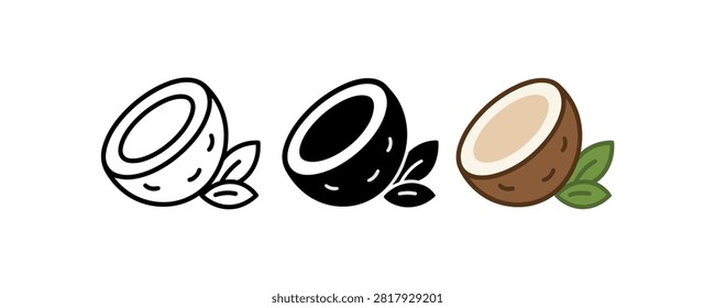 Coconut icons: outline, solid, and colored variations with leaves.