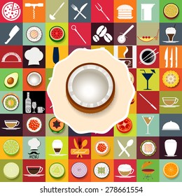 Coconut with icons of restaurants