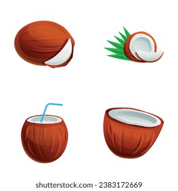 Coconut icons set cartoon vector. Coconut and palm leaf. Exotic fruit, food