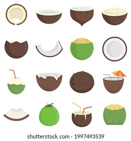 Coconut icons set. Flat set of coconut vector icons isolated on white background