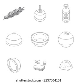 Coconut icons set. Isometric set of coconut vector icons outline on white thin line collection