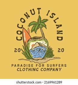 coconut illustration tropical island paradise badge design vintage t shirt