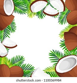 Coconut illustration. Whole and pieces coconuts with green palm leaves. Organic food ingredient, natural tropical product. Vector illustration on white background.