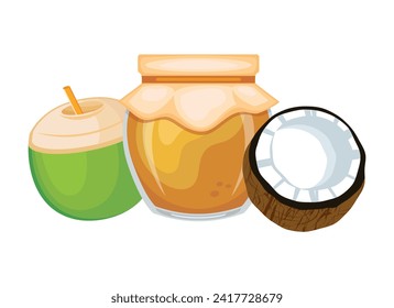 Confitura de coco kaya en frasco de vidrio y ilustración vectorial de coco fresco. Vidrio de diseño de coco dulce. Icono de tarro de coco aislado en fondo blanco