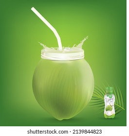 Coconut  juice bottle with splashing straw.illustration vector