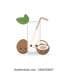 coconut juice. Cute kawai smiling cartoon juice with slices in a glass with juice straw.