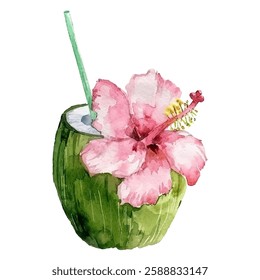 Coconut juice drink vector illustration. Summer beach drink, thai coconut juice. Cocktail decorated with a straw and hibiscus flower.