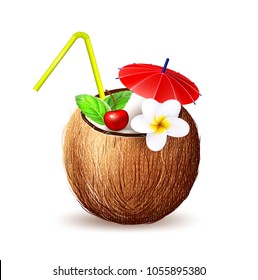 Coconut Juice Exotic Fresh Cocktail In Fruit With Plumeria, Cherry, Mint Leaf And Strar. 3d Nut Drink, Paradise Vacation Resort Summer Tropical Beach Party Poster Object. Realistic Vector Illustration