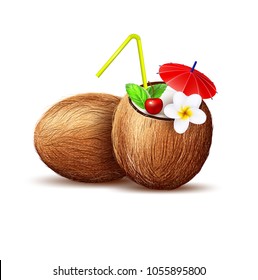 Coconut juice exotic fresh cocktail in fruit with plumeria, cherry, mint leaf and strar. 3d nut drink, paradise vacation resort summer tropical beach party poster object. Realistic vector illustration