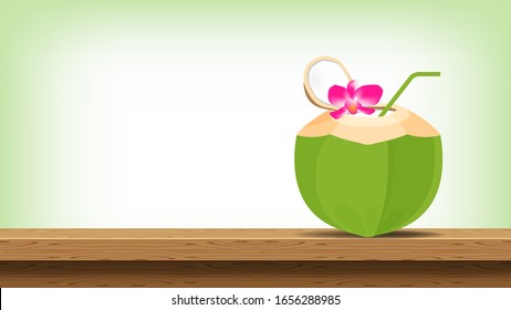 coconut juice fresh with plumeria flower on wood table, coconut green young half cut for healthy menu fruit juice, coconut summer fruit concept, clip art green coconut juicy on wood plank copy space