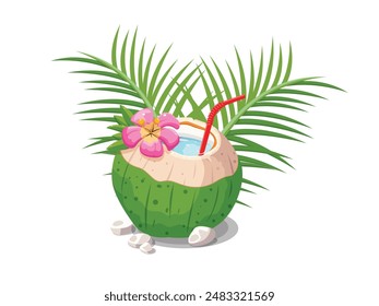 Coconut juice in half fruit with flower and leaf isolated on white background. EPS 10 vector illustration. Easily edit as you wish with vector files (EPS or AI)