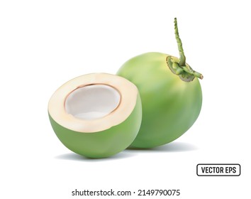 Kokosnuss-Saft in Halbfrüchten mit Wassertropfen einzeln auf weißem Hintergrund. VEKTOREPS