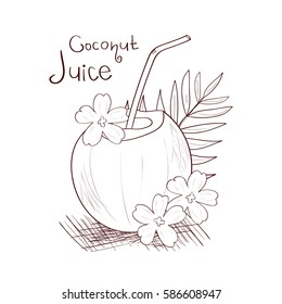 Coconut. Juice. Sketch. Coloring. On a white background.