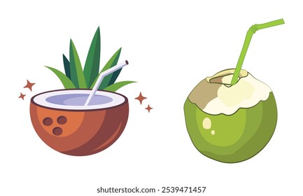 Coconut juice with tube in two different type icons. Vector illustration.